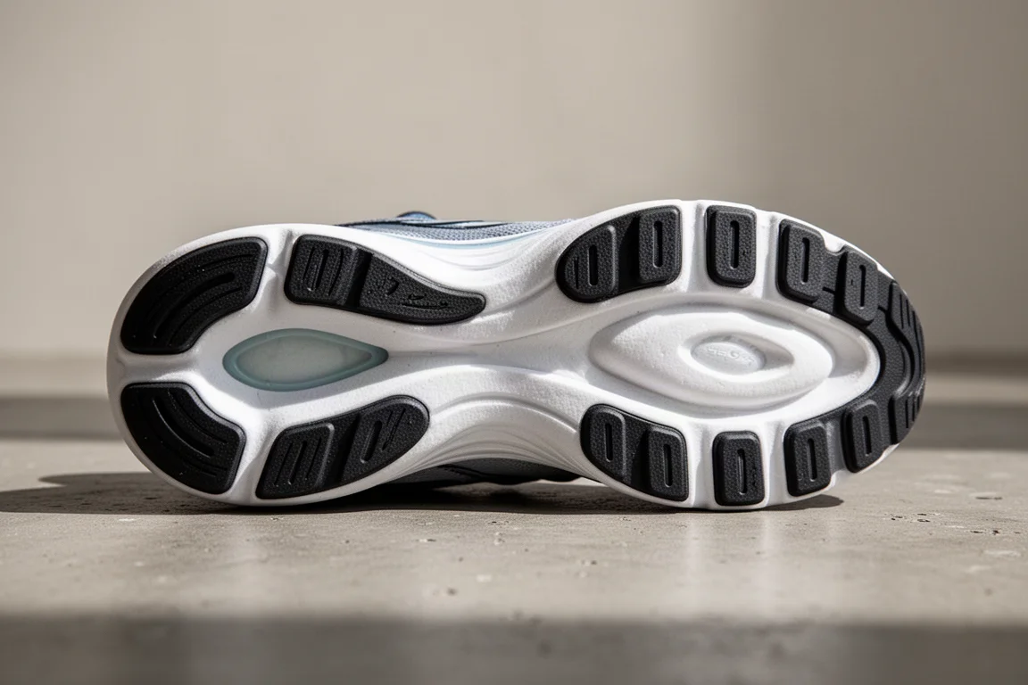 Close-up of a running shoe midsole showing layered foam and outsole cutouts