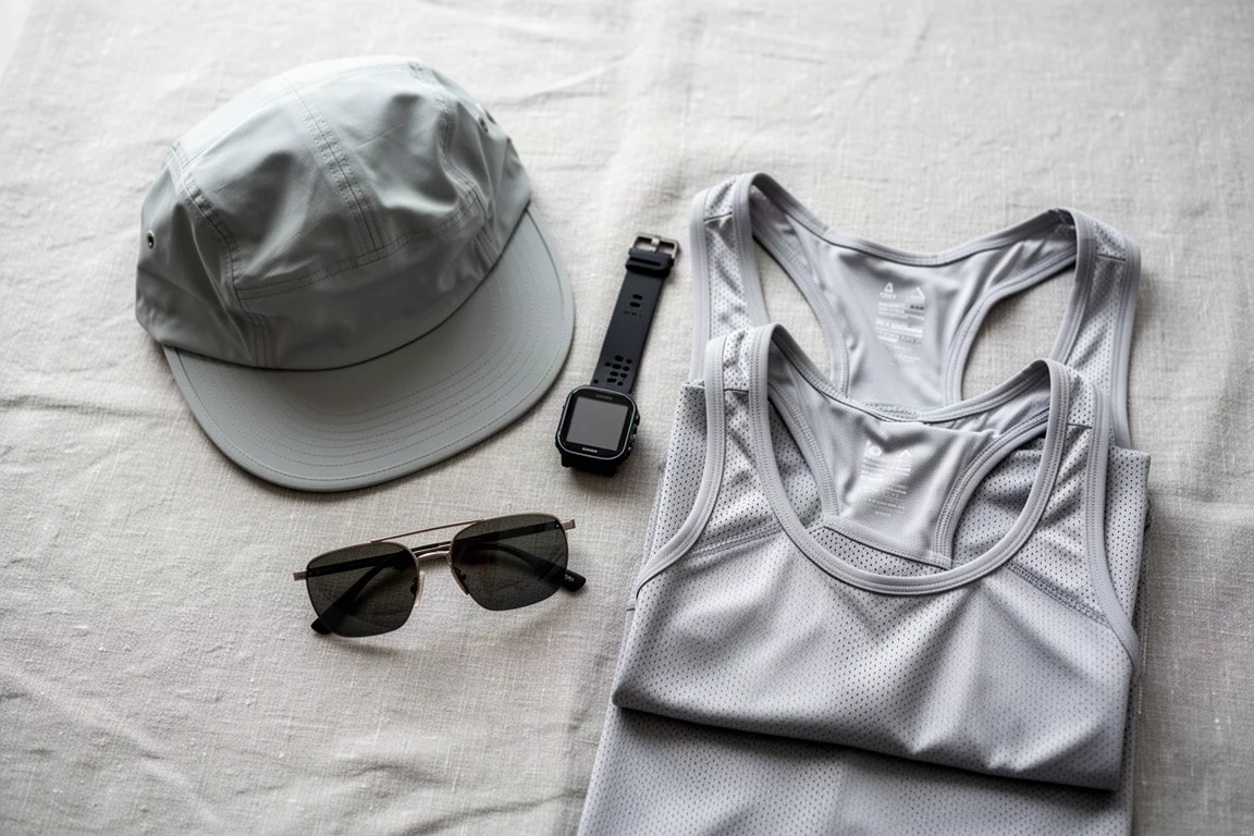 Flat-lay of running gear arranged on a neutral surface