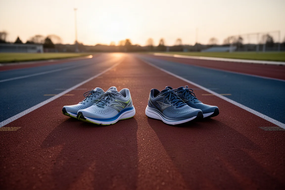 Two pairs of running shoes side by side on a track at dusk