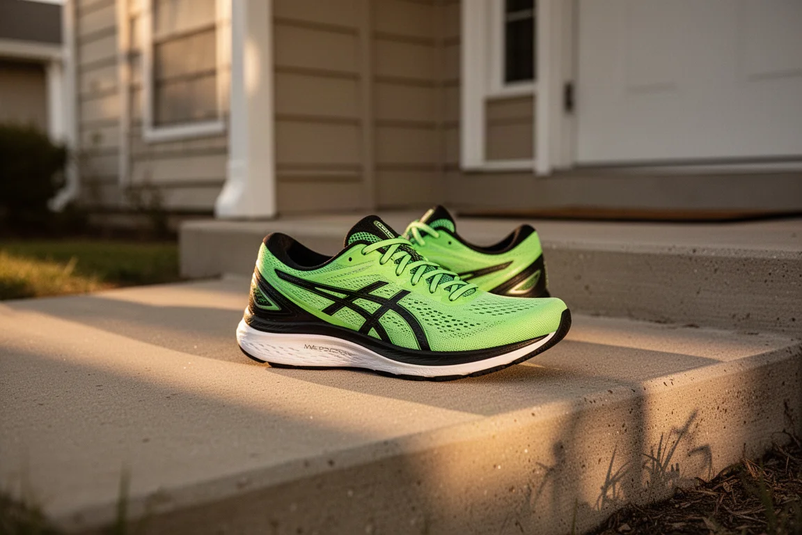 Läufer schnürt einen leichten Laufschuh auf einem Holzboden
