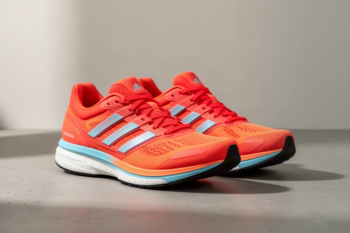Pair of solar red and light blue running shoes on a matte concrete surface
