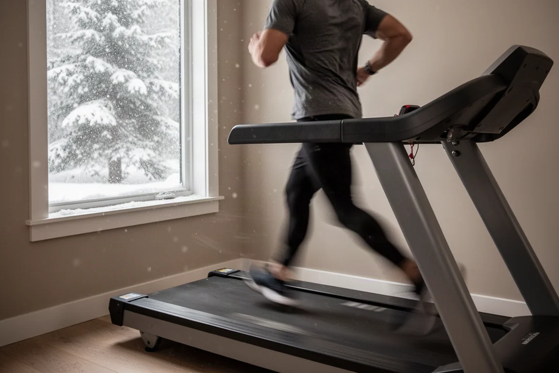 Un corridore mantiene un ritmo costante sul tapis roulant con tempo invernale innevato