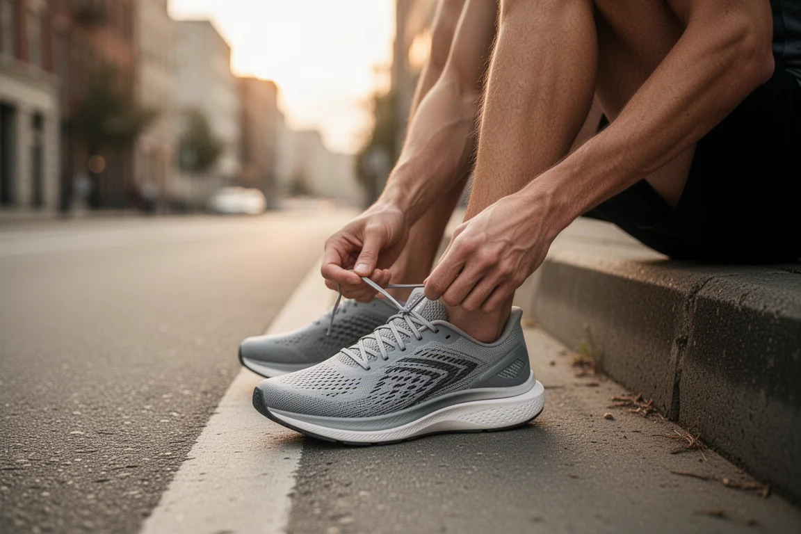 Runner lacing up a lightweight running shoe on a road at dawn