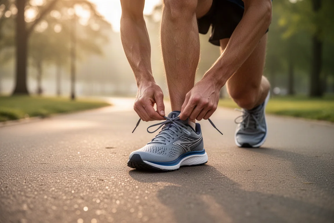Runner tying laces on a trail path in soft morning light