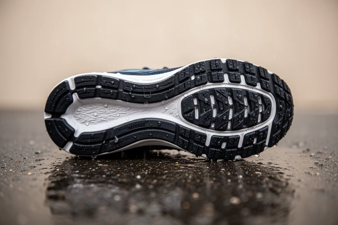 Close-up of a worn running shoe outsole on wet pavement