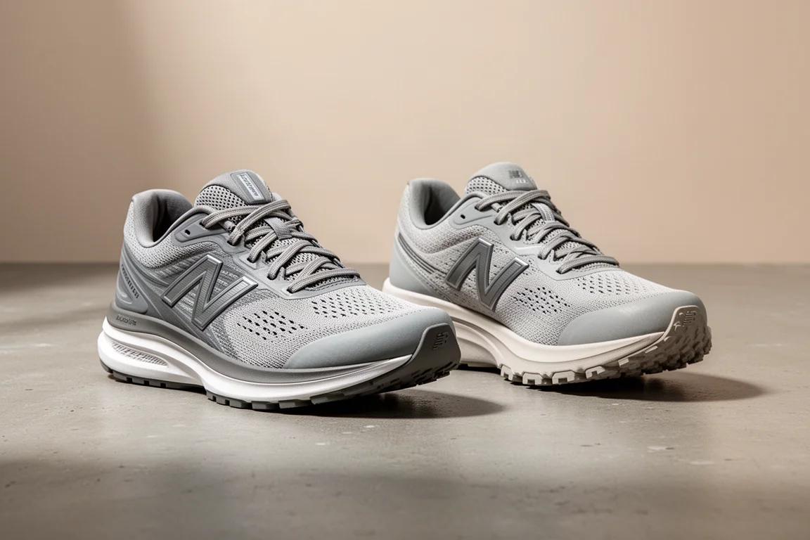 Two daily running trainers side by side on a matte concrete surface