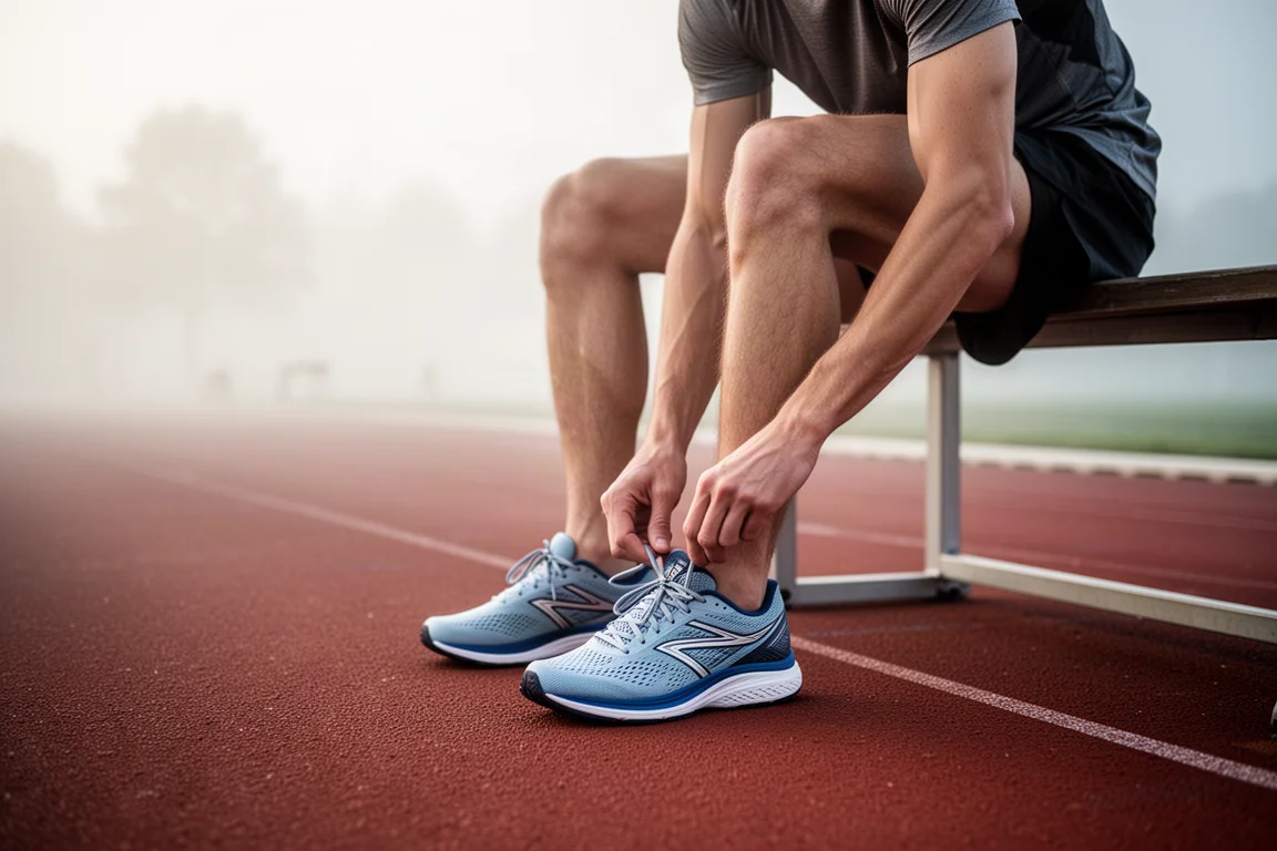 Runner lacing up lightweight running shoes before a speed workout on a track