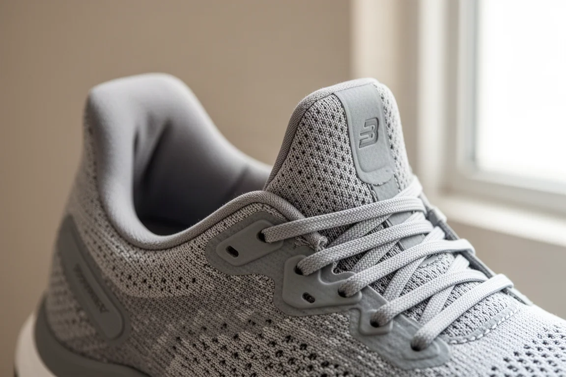 Close-up of a padded running shoe heel collar and lacing system