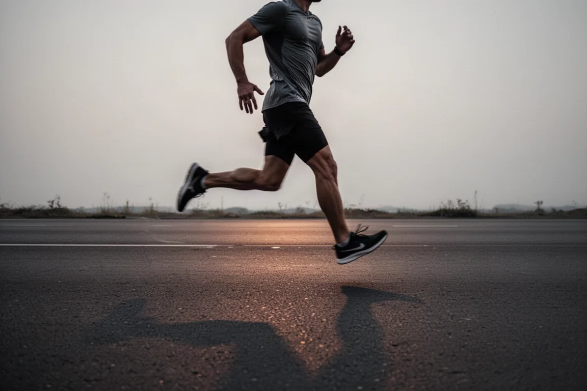 Runner striding at fast pace on an empty road at dusk