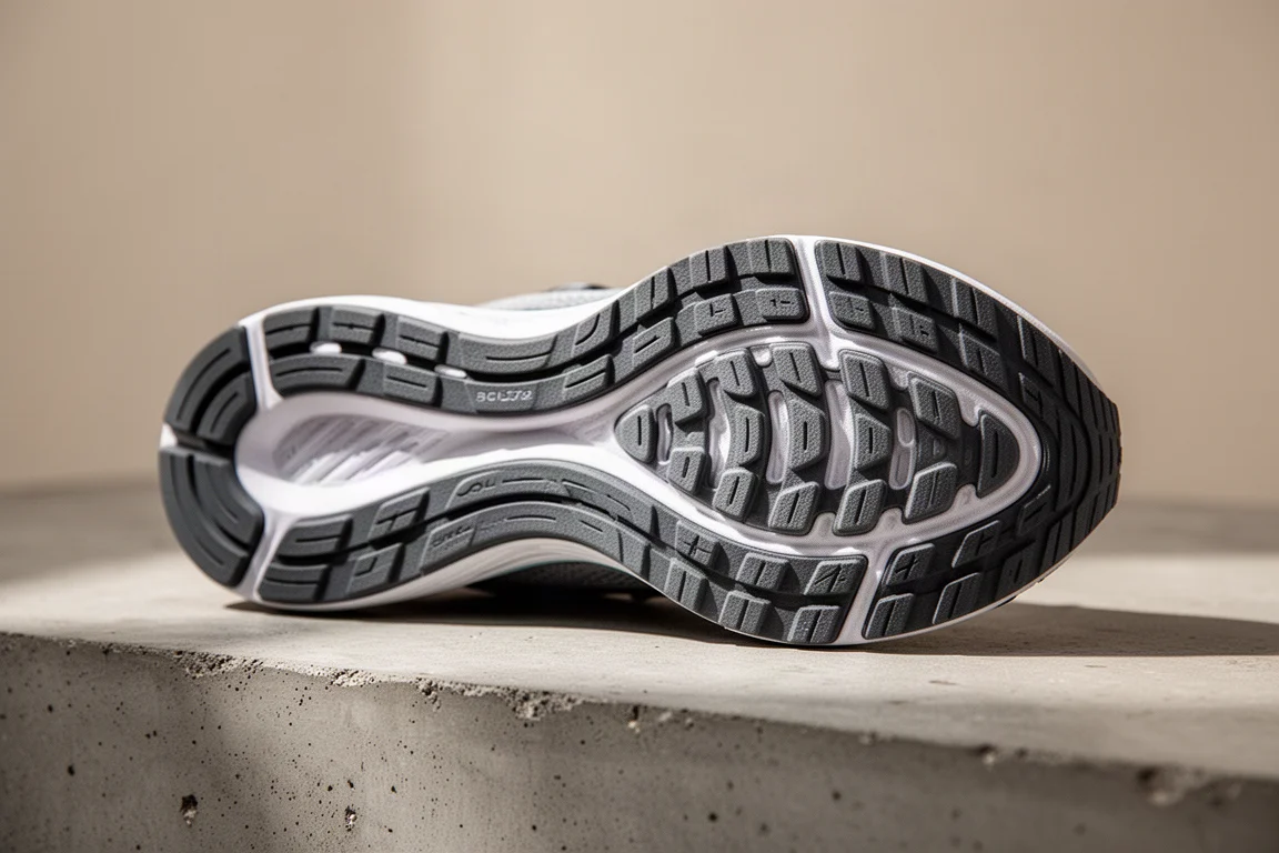 Close-up of a rubber running shoe outsole showing tread pattern