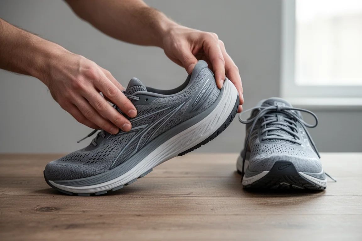 Pessoa dobrando o antepé de um tênis de corrida para testar a flexibilidade