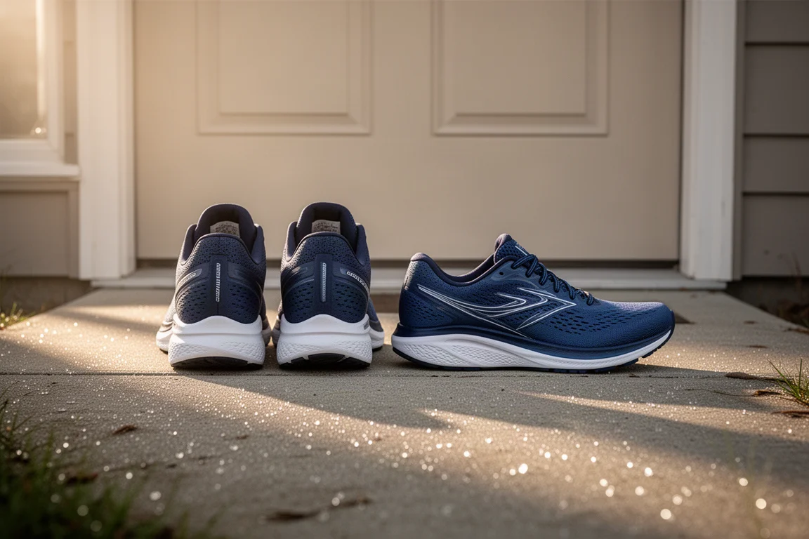 Runner lacing up two pairs of running shoes side by side on a doorstep before a morning run