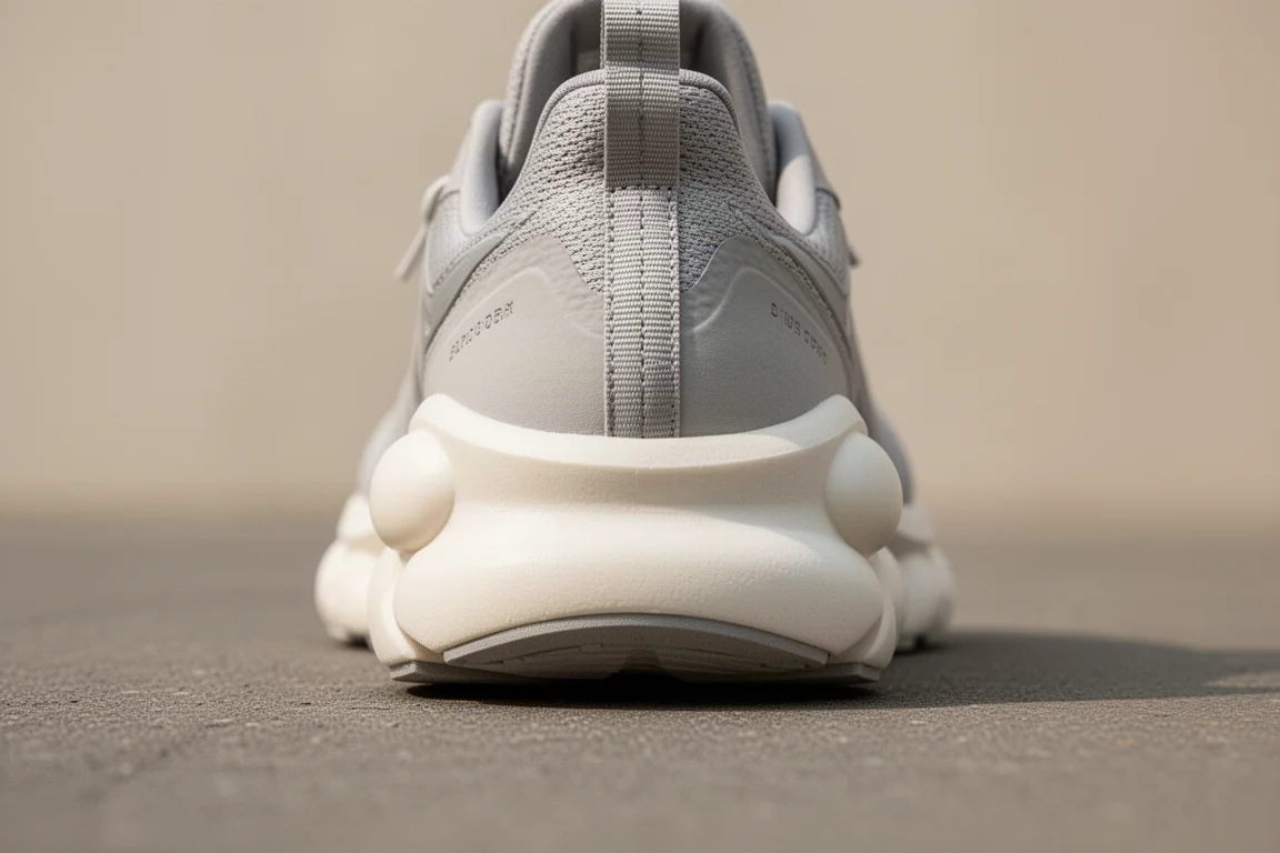 Close-up of the heel of a high-cushion running shoe showing its wide, stable base