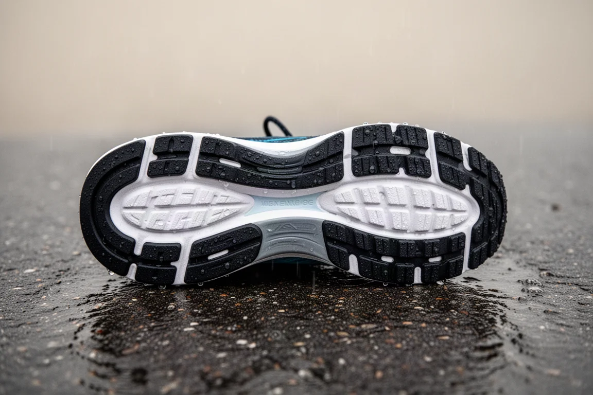 Close-up of a running shoe outsole with sticky rubber covering forefoot and heel