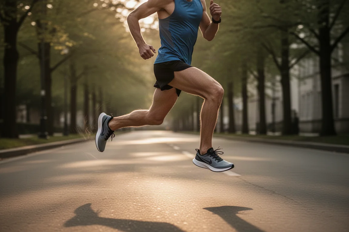 Runner cruising through a fast interval session on a tree-lined street