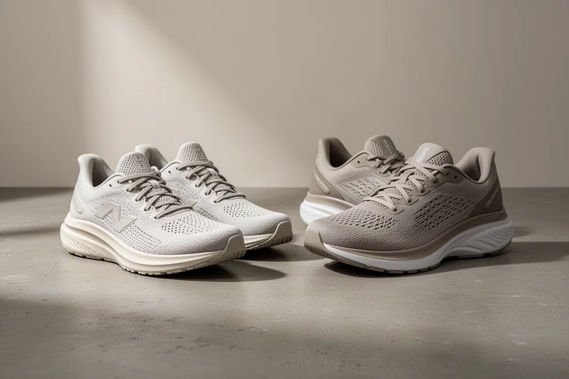 Zwei Paare leichter Laufschuhe nebeneinander auf einer Betonoberfläche