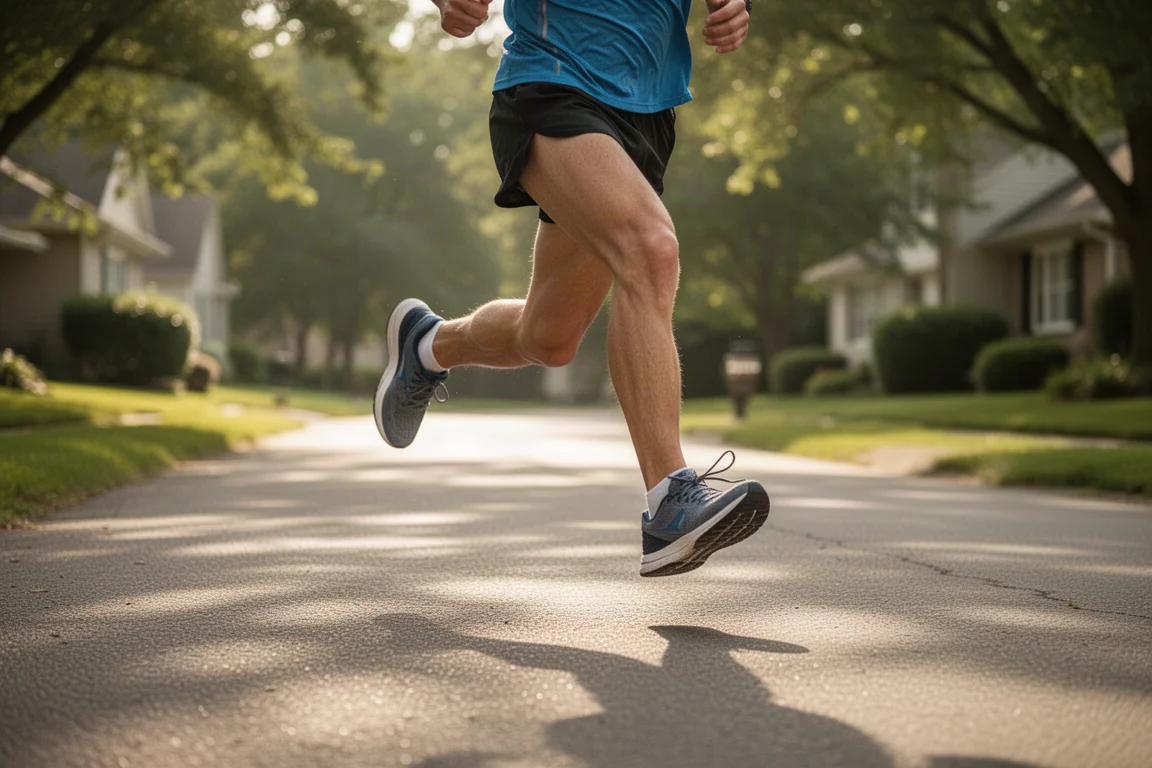 日差しの差す郊外の道をストライドペースで走るランナー