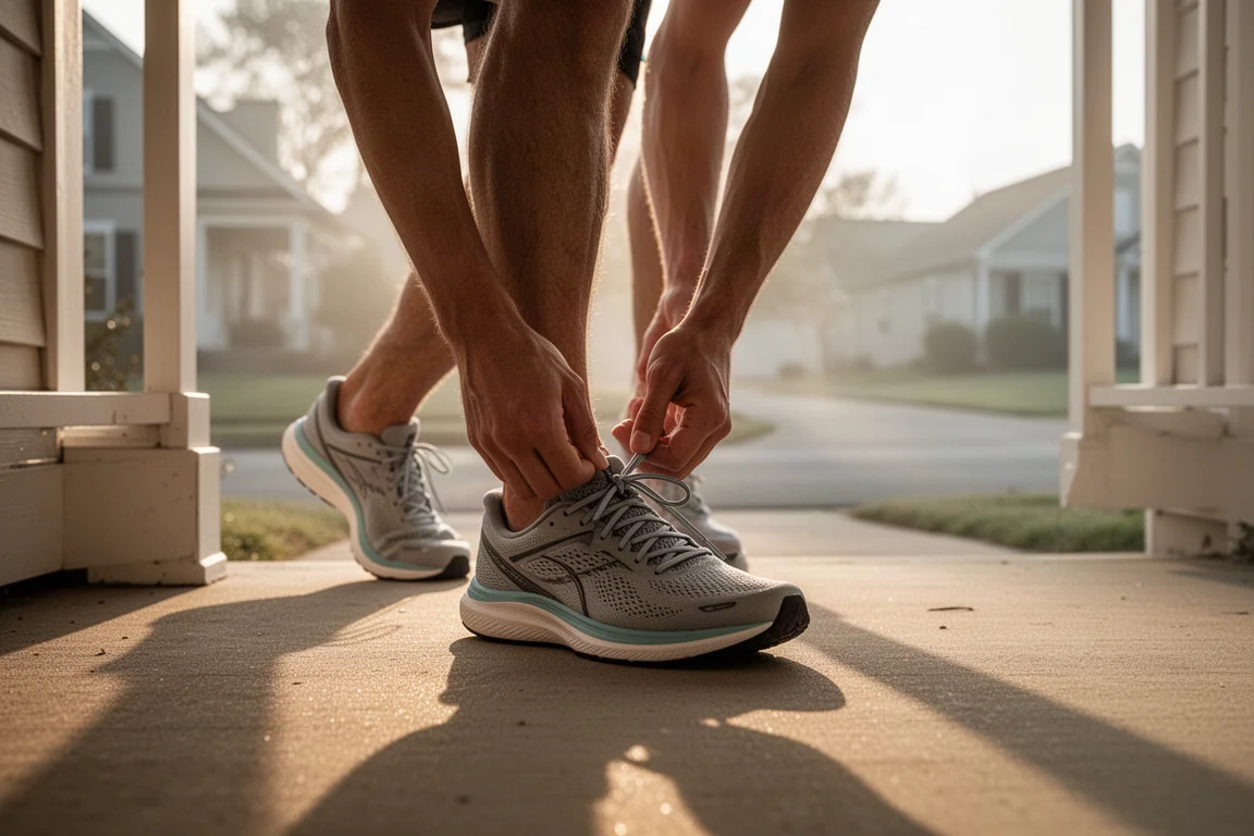 Runner lacing up a pair of lightweight everyday trainers before an early morning run