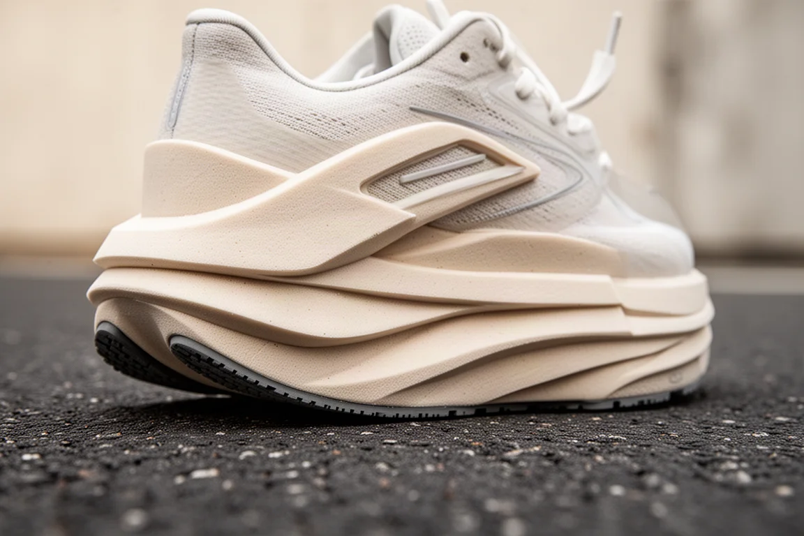 Close-up of thick white midsole foam on a running shoe resting on tarmac