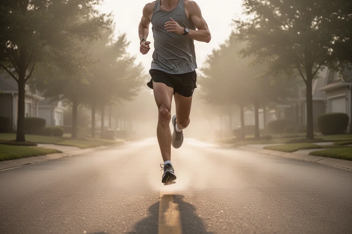 Runner pressing through a faster mile on a straight suburban road in humid conditions