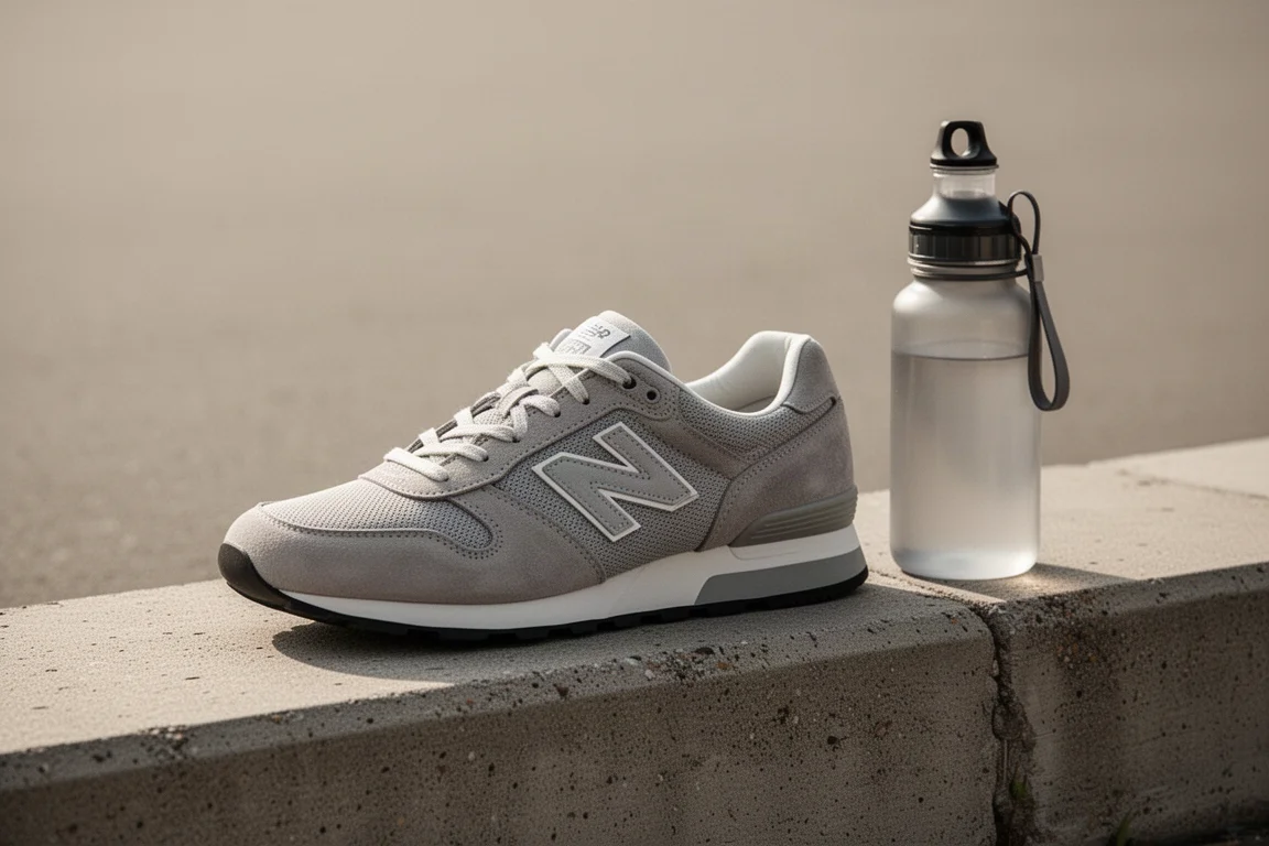 Everyday running shoe resting flat on a concrete curb with a water bottle nearby