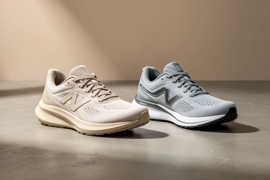 Two everyday running trainers side by side on a concrete surface