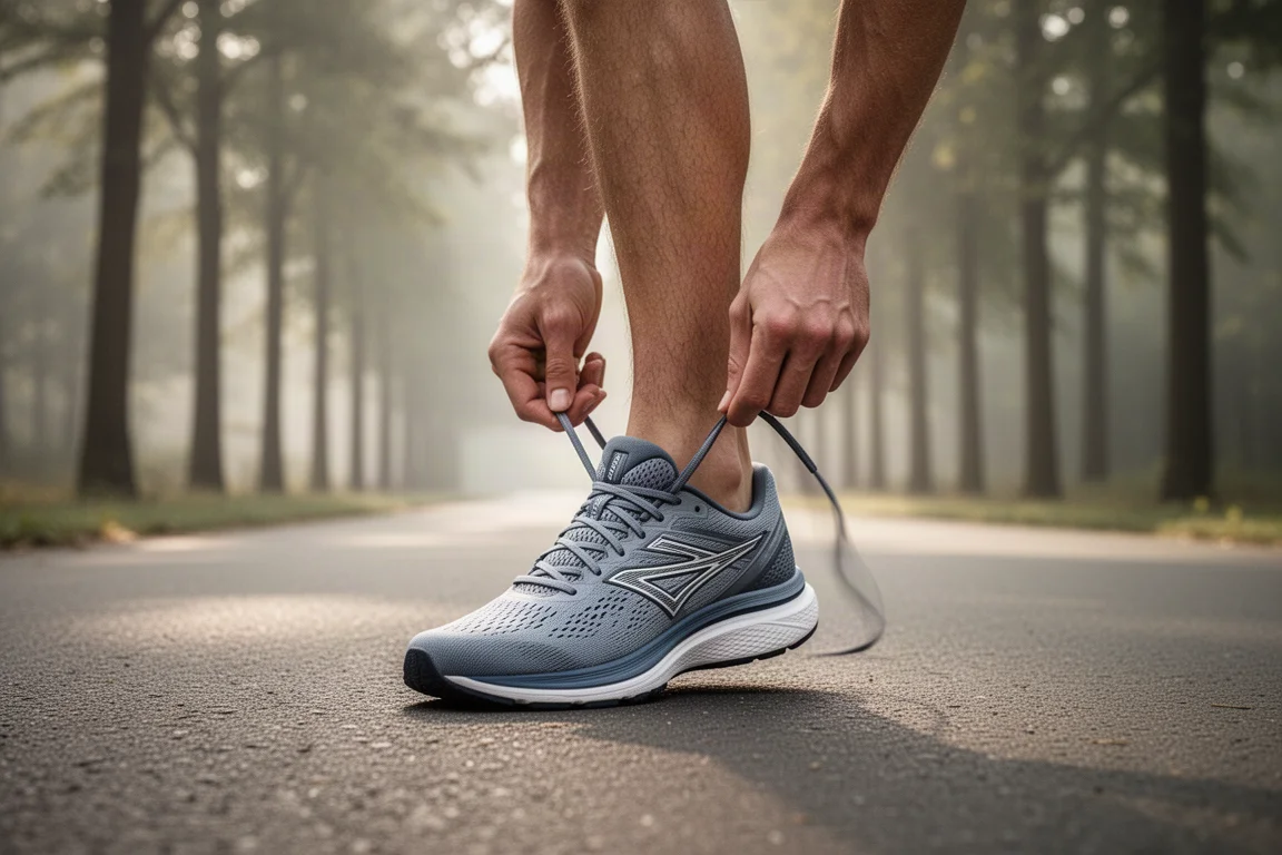 Corredor atándose los cordones de una zapatilla de entrenamiento diario junto a un sendero de parque con suave luz matutina