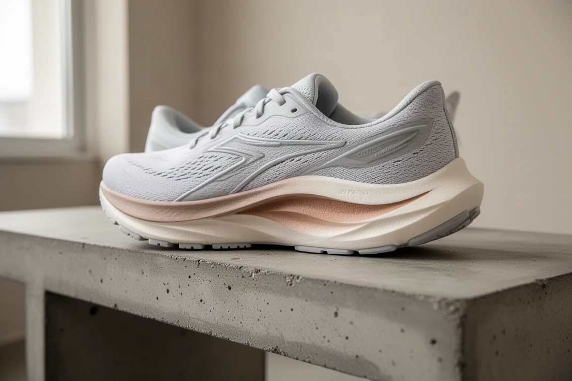 Primer plano de la mediasuela mostrando las capas de espuma de doble densidad de una zapatilla de running amortiguada
