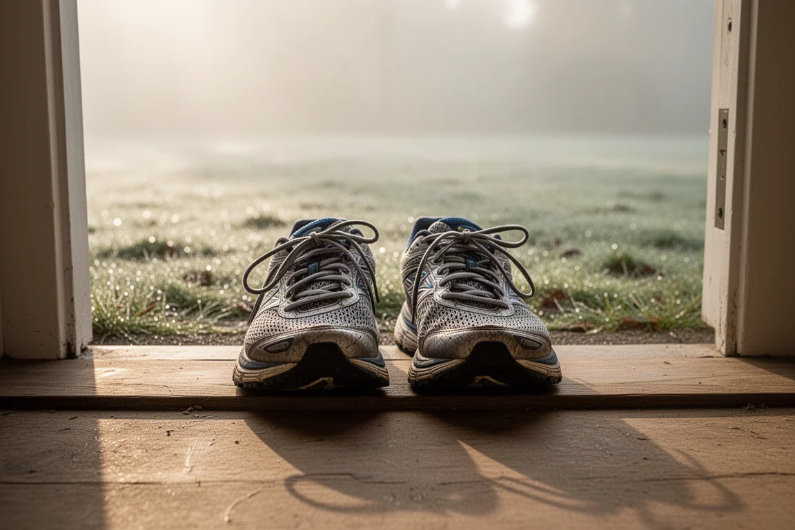 Par de zapatillas de running descansando en el umbral de una puerta tras una carrera suave por la mañana