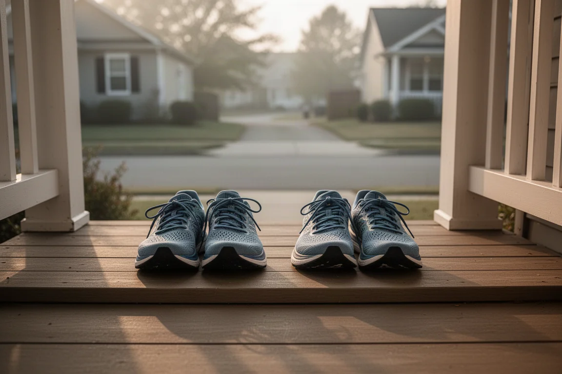 Un corridore allaccia due paia di scarpe da running Adidas su una veranda prima di una corsa al mattino presto