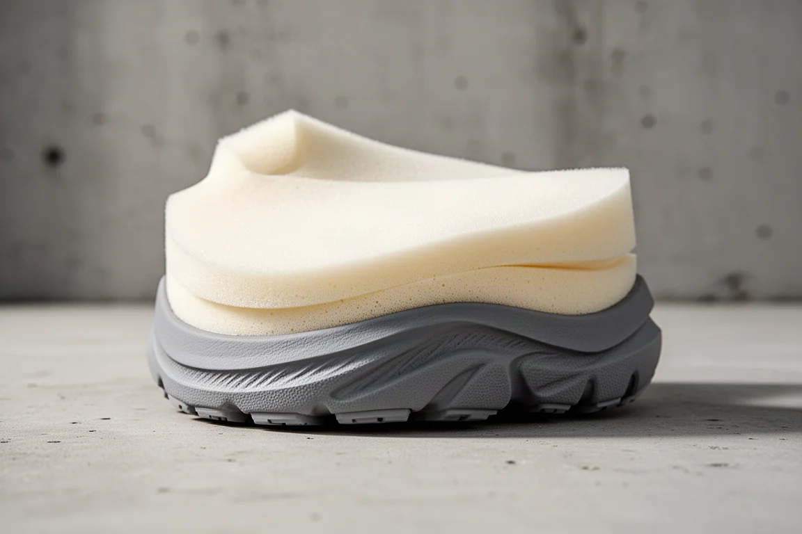 Primo piano della midsole a doppia schiuma di una scarpa da running con uno strato di supporto grigio più rigido