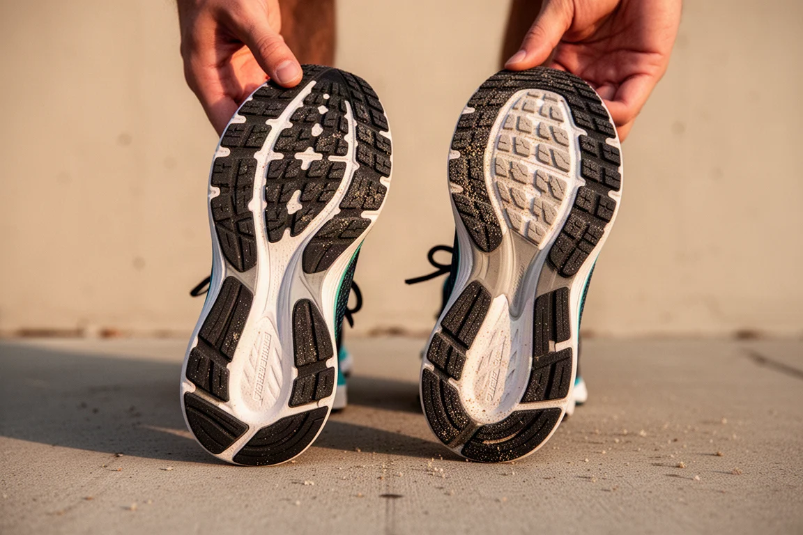 Suole di scarpe da running con una copertura in gomma solida, alzate per un controllo dopo una corsa