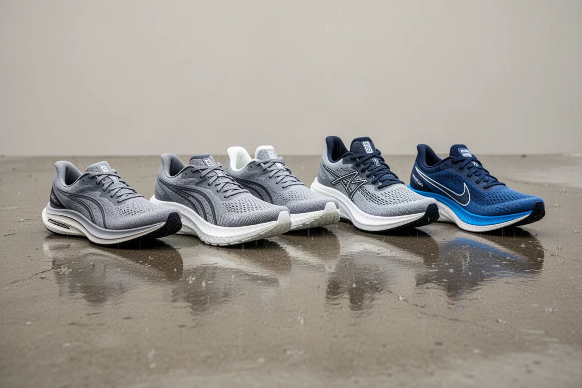 Six performance running shoes lined up on wet concrete after rain
