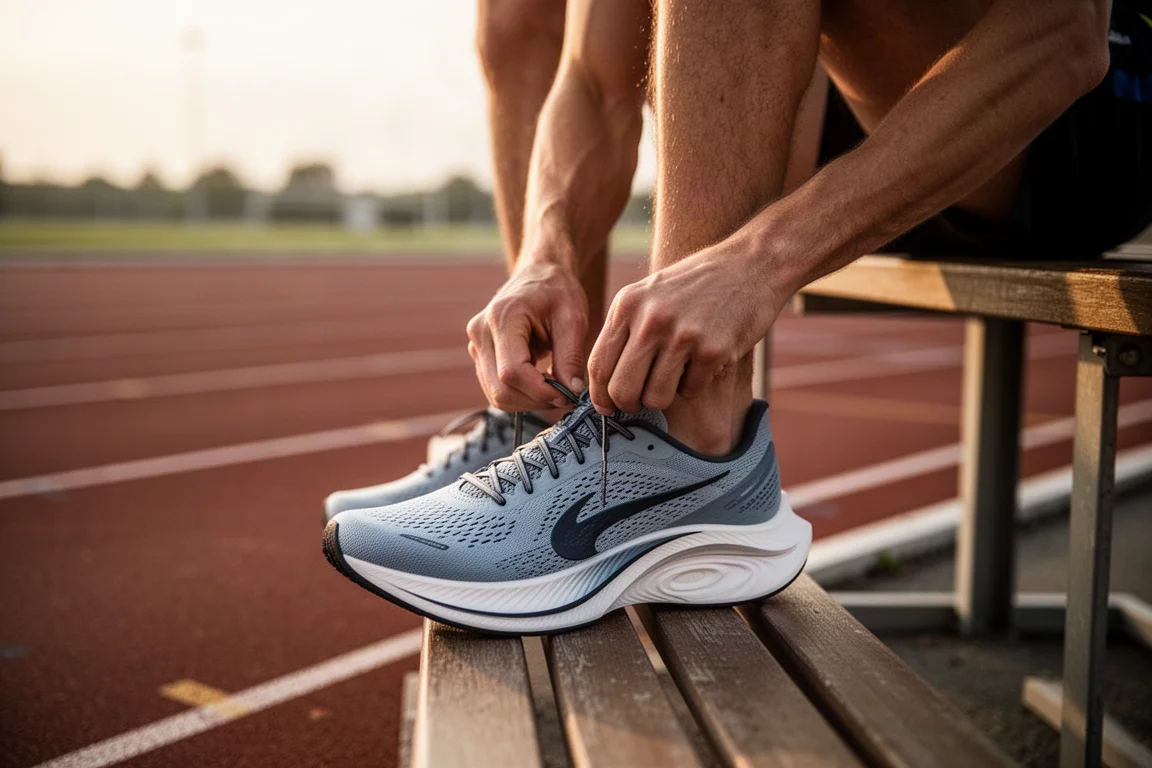 Un corridore allaccia una scarpa da gara leggera prima di una sessione di velocità su pista