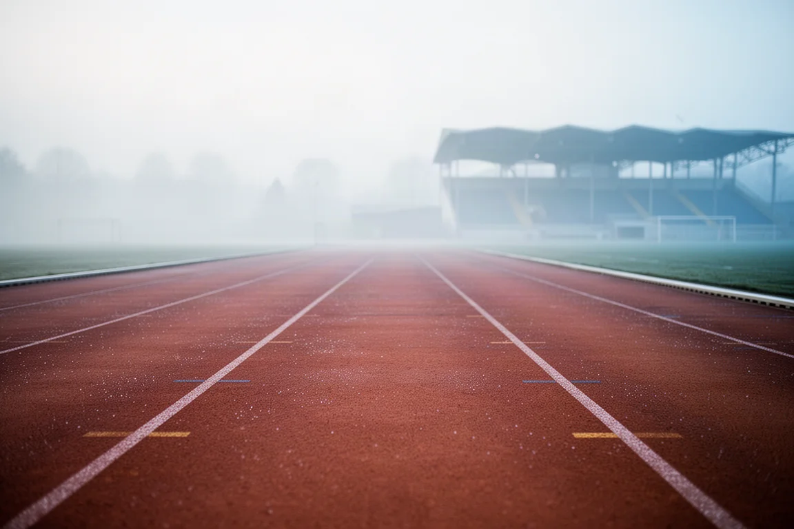Pista di atletica con le linee dei corsi all'alba, vuota e silenziosa