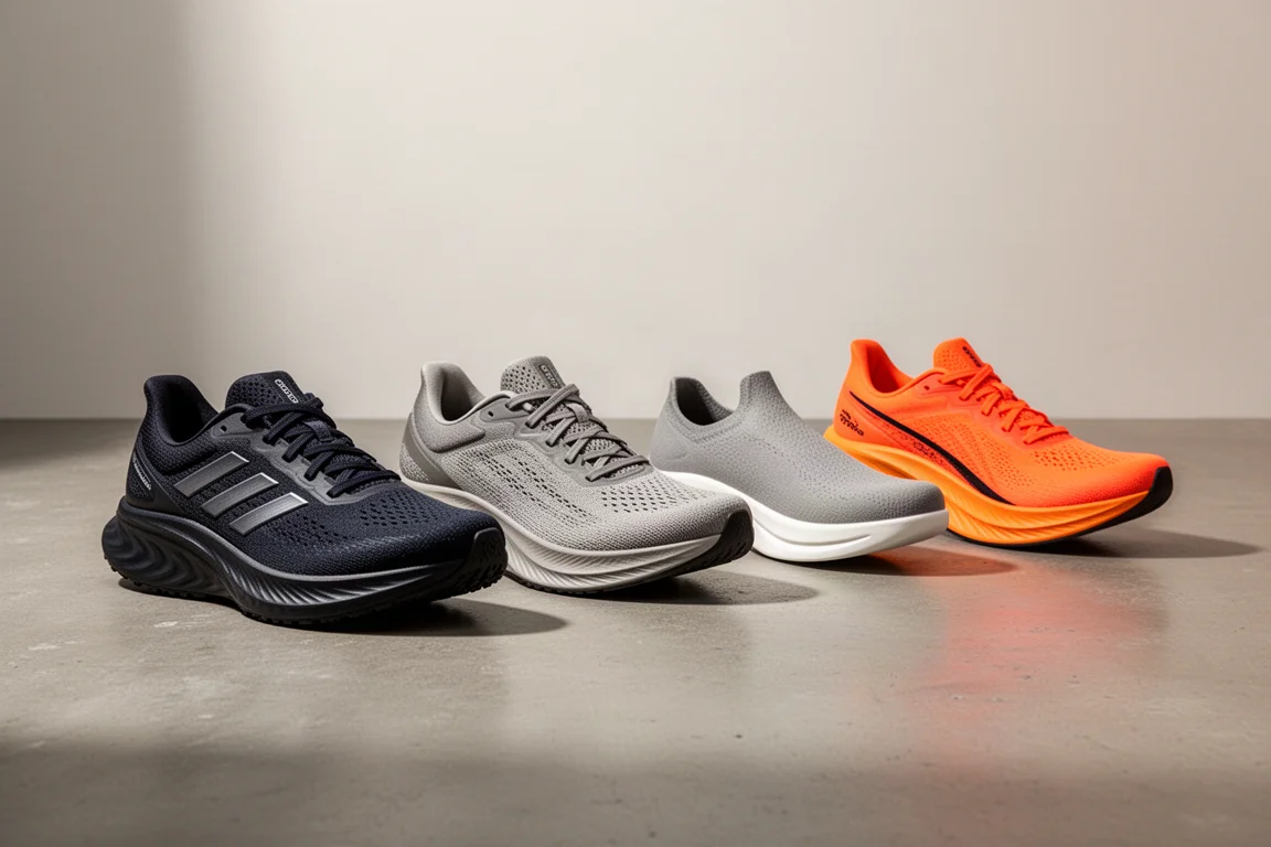 Four racing running shoes lined up on a concrete surface