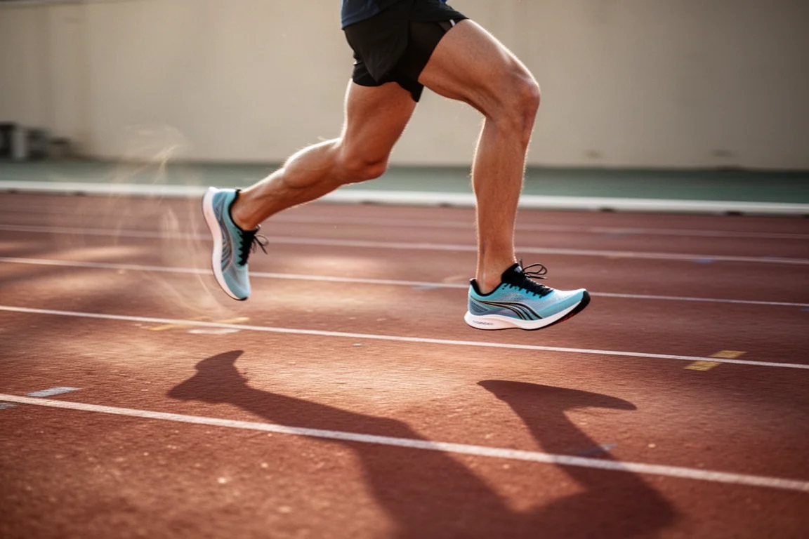 Runner's feet in low-profile racing shoes on a track during an interval session