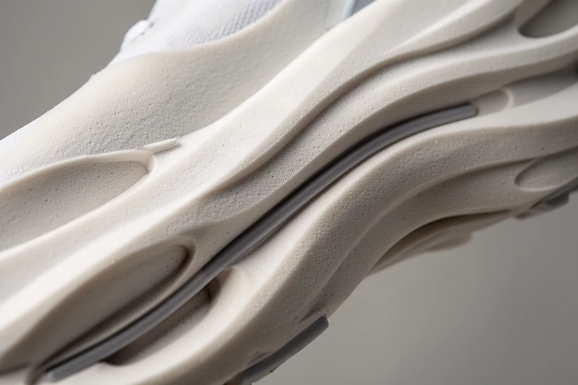 Close-up of a midsole foam sidewall with sculpted contour cutouts