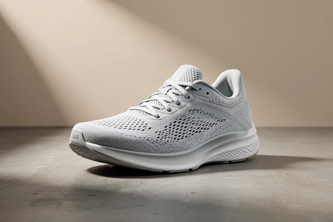 Lightweight racing shoe on a matte concrete surface in soft studio light