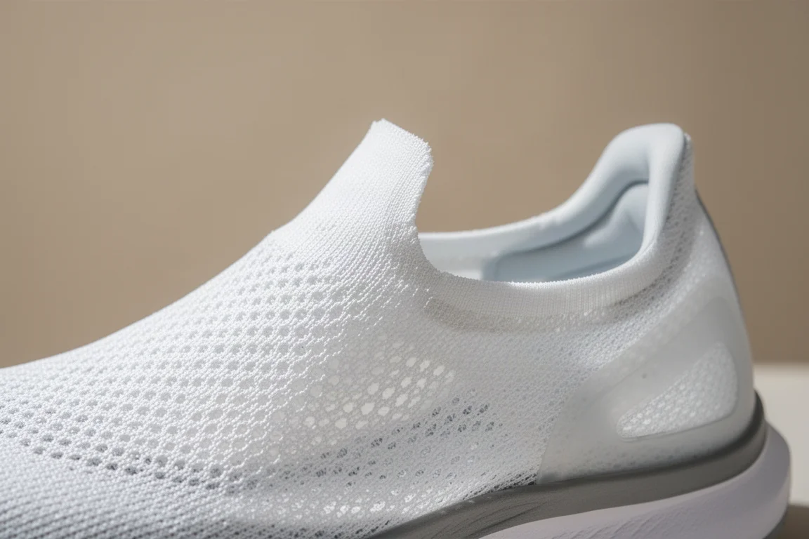 Primer plano de un upper fino de zapatilla de competición y una lengua mínima