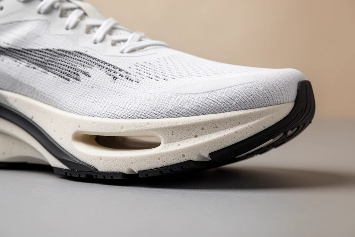 Primer plano de la mediasuela ligera de una zapatilla de competición mostrando la estructura de la espuma