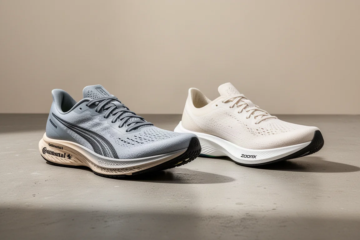 Two lightweight racing shoes side by side on a concrete surface