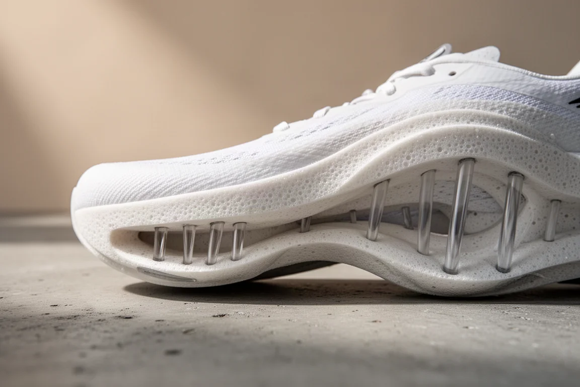 Corredor atándose unas brillantes zapatillas de competición en una pista antes de un entrenamiento de velocidad