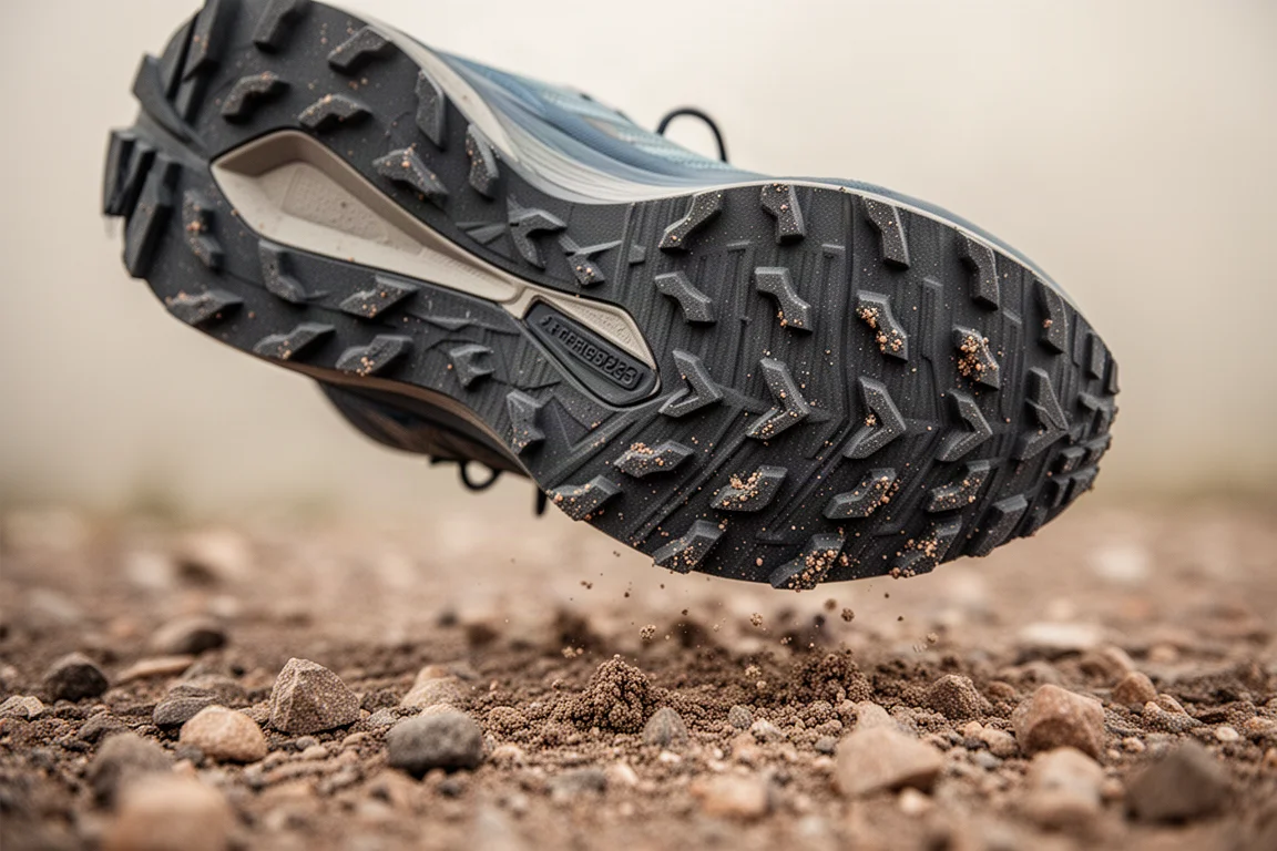 Gros plan sur la semelle extérieure d'une chaussure de trail montrant deux profondeurs de crampons sur un sentier damé