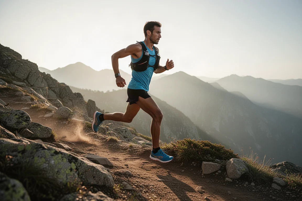 Trailrunner bewegt sich im frühen Morgenlicht schnell entlang eines Bergkamms