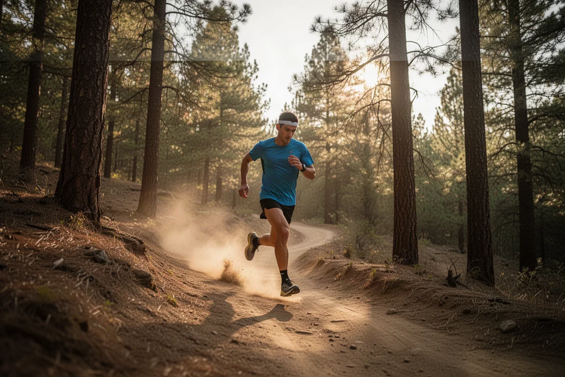 Trailrunner läuft im Nachmittagslicht eine staubige Waldserpentine hinab