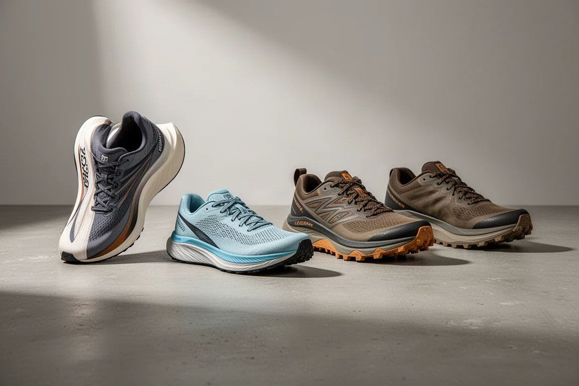 Quattro scarpe da trail running della gamma Adidas Agravic disposte su una superficie in cemento