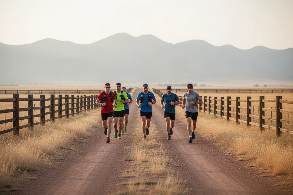 Grupp av trailrypare som joggar tillsammans längs en landsväg vid en gård
