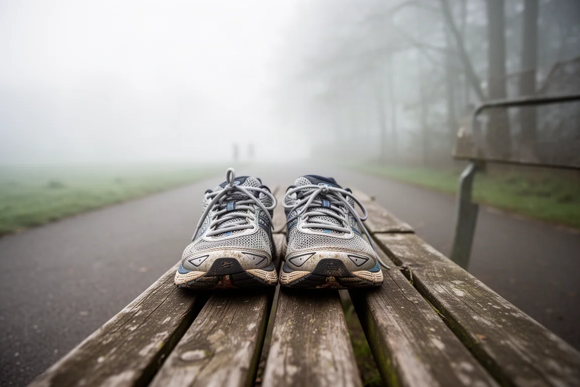 Laufschuhe nach einem Lauf auf einer Bank neben einem Asphaltweg