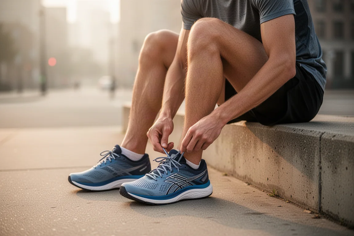 Runner che si allaccia le scarpe da running su un marciapiede urbano nella luce del mattino